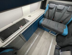 Aerial view of blue and grey vw camper interior, professional campervan conversions by Sherwood Campers